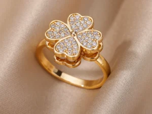 Zircon Rotatable Four Leaf Clover Anxiety Rings For Women Stainless Steel Anti-Stress Fidget Spinner Ring Aesthetic Jewelry Gift